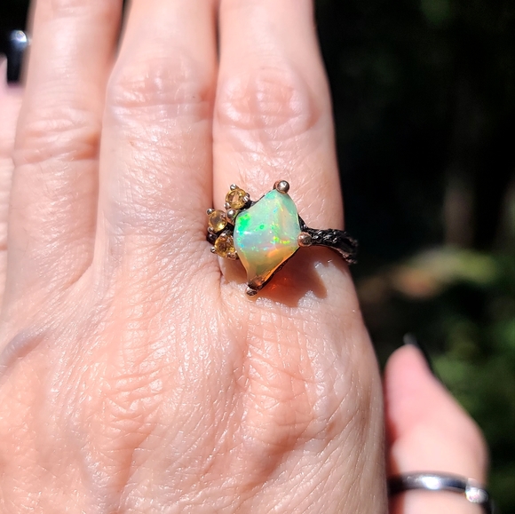 Raw Fire Opal & citrine Sterling & Rhodium ring sz 8.5 - Picture 8 of 8
